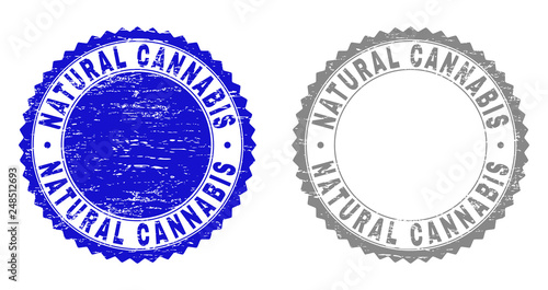 Grunge NATURAL CANNABIS stamp seals isolated on a white background. Rosette seals with grunge texture in blue and grey colors. Vector rubber watermark of NATURAL CANNABIS caption inside round rosette.