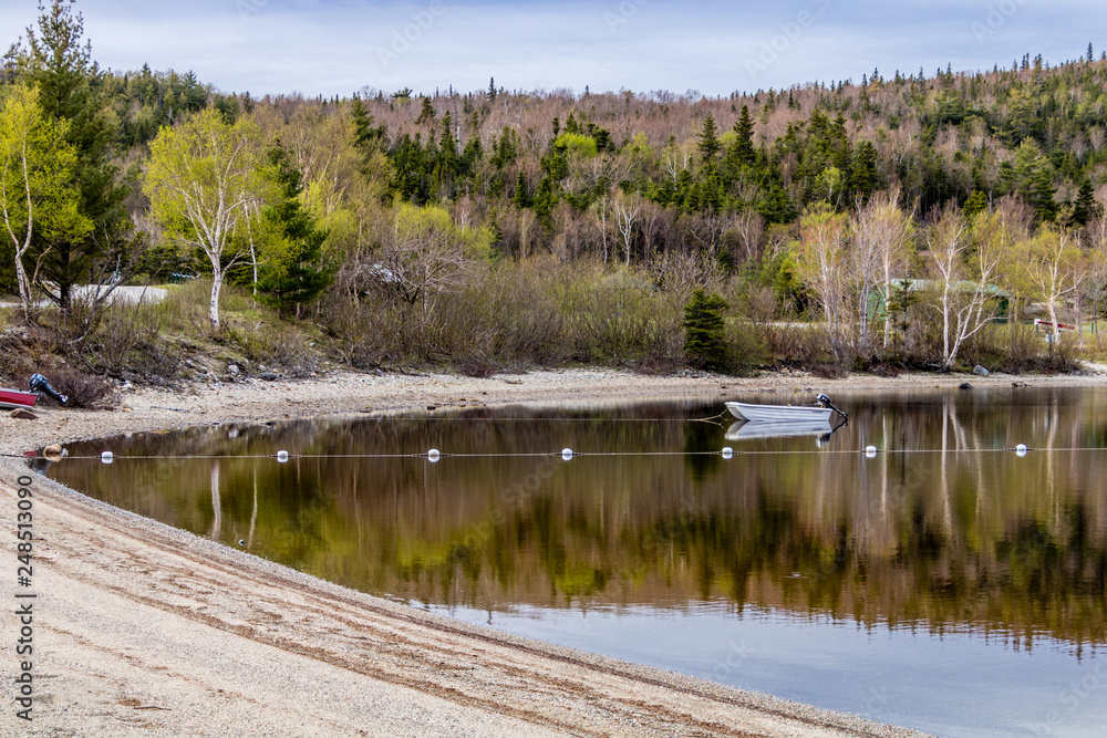 Obraz premium Shoreline and trees refelcted in the lagoon, Barachois Pond Provincial Park, Newfoundland, Canada