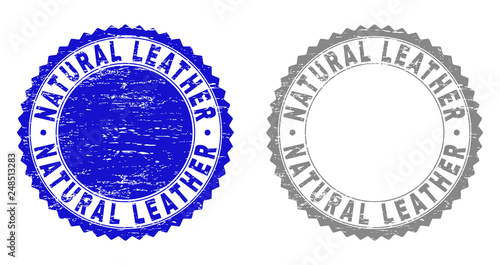 Grunge NATURAL LEATHER stamp seals isolated on a white background. Rosette seals with distress texture in blue and grey colors.