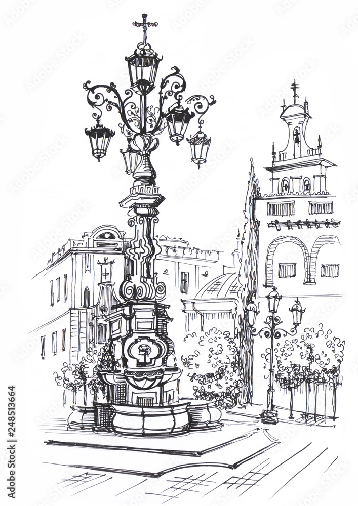 Fototapeta premium Seville. Fountain of King's Square. Andalusia. Spain. Europe. Travel sketch. Handdrawn book illustration, touristic postcard or poster.