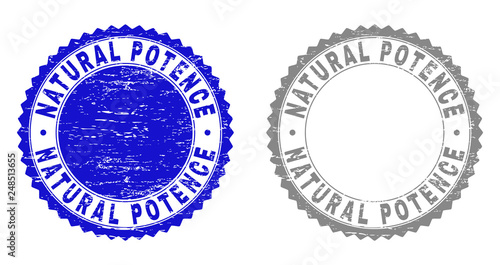Grunge NATURAL POTENCE stamp seals isolated on a white background. Rosette seals with grunge texture in blue and grey colors. Vector rubber stamp imprint of NATURAL POTENCE label inside round rosette.