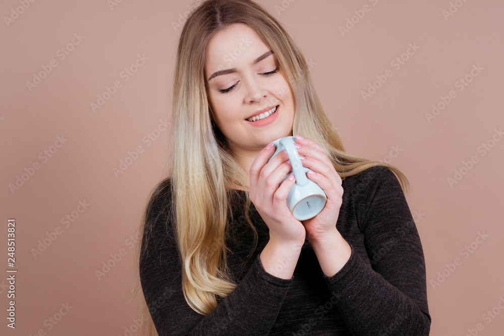 girl with a cup of tea and coffee girl with a cup of tea and coffee