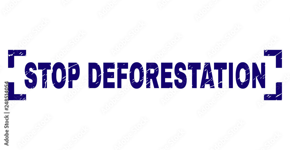 STOP DEFORESTATION title seal print with distress texture. Text tag is placed inside corners. Blue vector rubber print of STOP DEFORESTATION with grunge texture. STOP DEFORESTATION title seal print with distress texture. Text tag is placed inside corners. Blue vector rubber print of STOP DEFORESTATION with grunge texture.