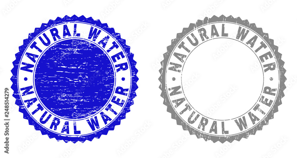 Grunge NATURAL WATER stamp seals isolated on a white background. Rosette seals with distress texture in blue and gray colors. Vector rubber stamp imprint of NATURAL WATER caption inside round rosette. Grunge NATURAL WATER stamp seals isolated on a white background. Rosette seals with distress texture in blue and gray colors. Vector rubber stamp imprint of NATURAL WATER caption inside round rosette.