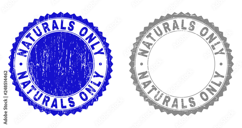 Grunge NATURALS ONLY stamp seals isolated on a white background. Rosette seals with grunge texture in blue and grey colors. Vector rubber stamp imprint of NATURALS ONLY label inside round rosette. Grunge NATURALS ONLY stamp seals isolated on a white background. Rosette seals with grunge texture in blue and grey colors. Vector rubber stamp imprint of NATURALS ONLY label inside round rosette.