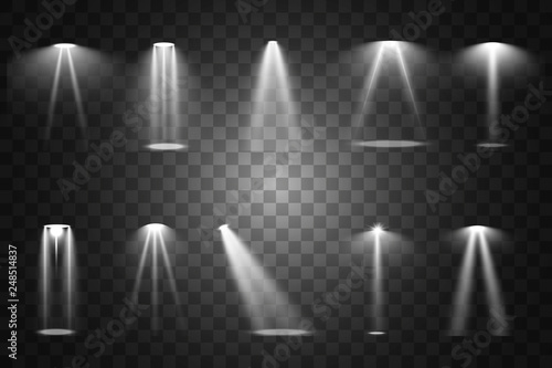 Stage lighting, a collection of transparent effects. Bright lighting with spotlights. Vector illustration.