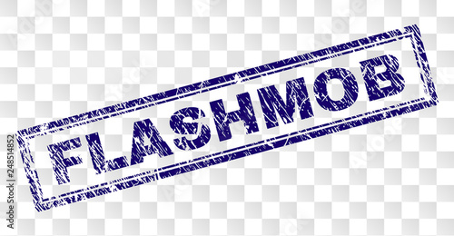 FLASHMOB stamp seal print with grainy style and double framed rectangle shape. Stamp is placed on a transparent background. Blue vector rubber print of FLASHMOB caption with scratched texture.