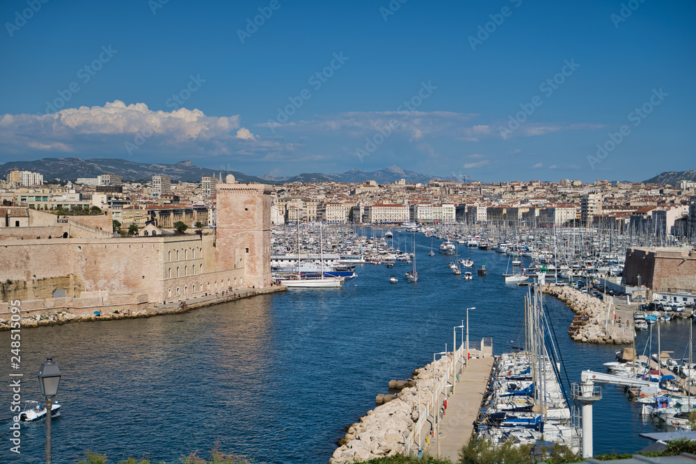 Marseille, France - AUGUST 16, 2018: view on Fort Saint-Jean at the entrance to the Old Port