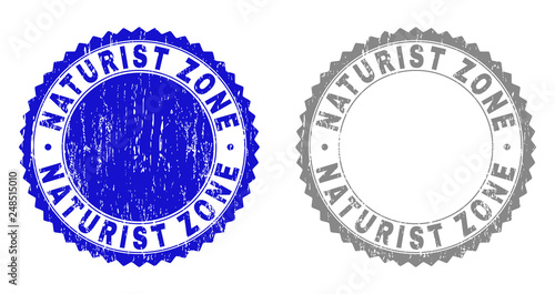 Grunge NATURIST ZONE stamp seals isolated on a white background. Rosette seals with distress texture in blue and gray colors. Vector rubber stamp imitation of NATURIST ZONE tag inside round rosette.