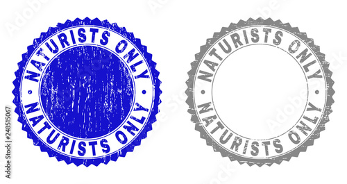Grunge NATURISTS ONLY stamp seals isolated on a white background. Rosette seals with grunge texture in blue and gray colors. Vector rubber stamp imitation of NATURISTS ONLY title inside round rosette.
