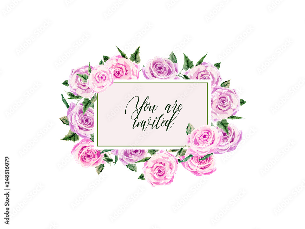 Floral wedding Invitation, save the date, thank you, rsvp card Design template. Pink bunch roses with leaves. Hand painted in watercolor