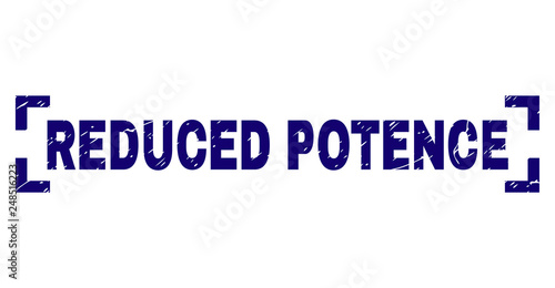 REDUCED POTENCE caption seal print with corroded texture. Text tag is placed between corners. Blue vector rubber print of REDUCED POTENCE with unclean texture.