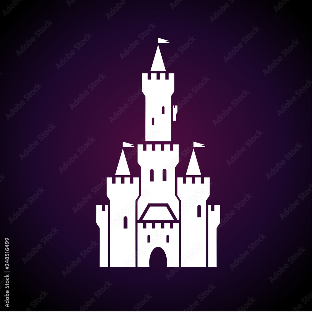 Vector castle symbol. Fortress icon on dark background.
