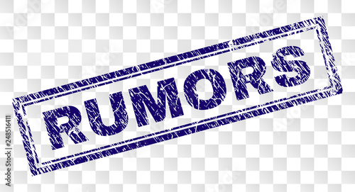 RUMORS stamp seal imprint with rubber print style and double framed rectangle shape. Stamp is placed on a transparent background. Blue vector rubber print of RUMORS label with scratched texture.