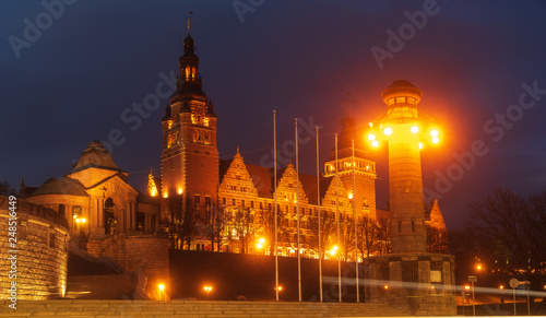 The historic and representative part of Szczecin in Poland against the evening sky