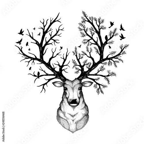 vector illustration of a head deer with forest background