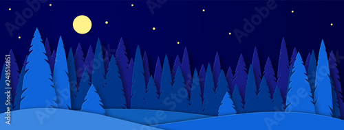 Banner for social networks caps. Winter landscape with house on a moonlit night. Snowy trees in a park or forest. Design in the style of paper art. Vector illustration