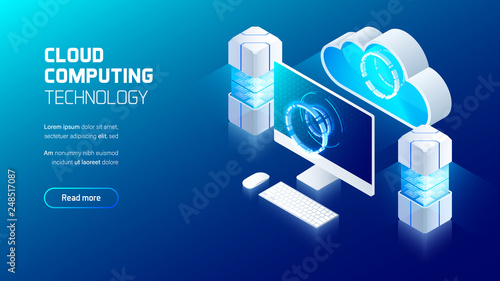 Cloud computing service, Server room with connection to user device, cloud storage service futuristic concept, isometric 3d vector illustration