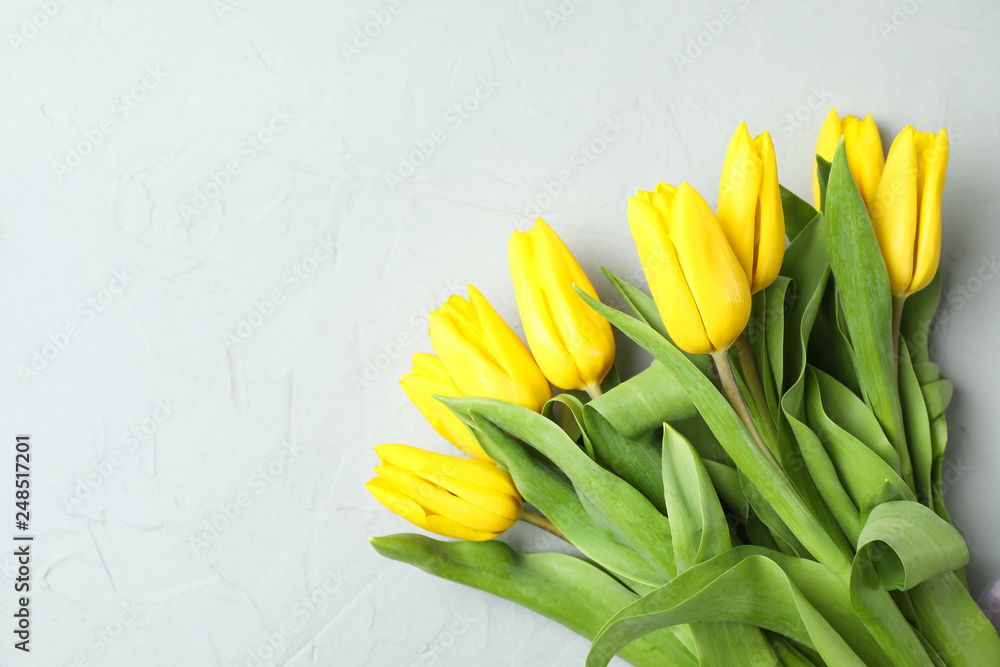 Naklejka premium Beautiful fresh yellow tulips on gray background, top view. Space for text