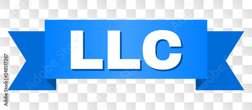 LLC text on a ribbon. Designed with white title and blue tape. Vector banner with LLC tag on a transparent background.