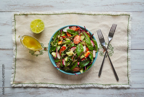 Fresh organic Chard Salad with quinoa. Top view.