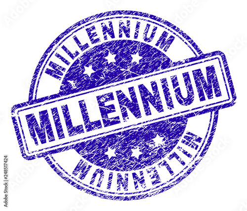 MILLENNIUM stamp seal imprint with grunge effect. Designed with rounded rectangles and circles. Blue vector rubber print of MILLENNIUM label with grunge texture.