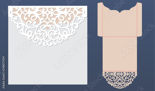 Laser cut wedding invitation card template vector. Pocket envelope with abstract ornament. Open card. Suitable for greeting cards, invitations, menus.