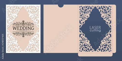 Laser cut wedding invitation card template vector. Pocket envelope with abstract ornamental frame. Open card. Suitable for greeting cards, invitations, menus.