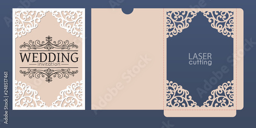 Laser cut wedding invitation card template vector. Pocket envelope with abstract ornamental frame. Open card. Suitable for greeting cards, invitations, menus.