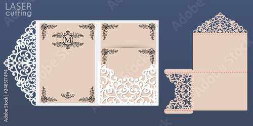Laser cut wedding invitation card vector template. Tri fold pocket envelope. Wedding lace invitation mockup.