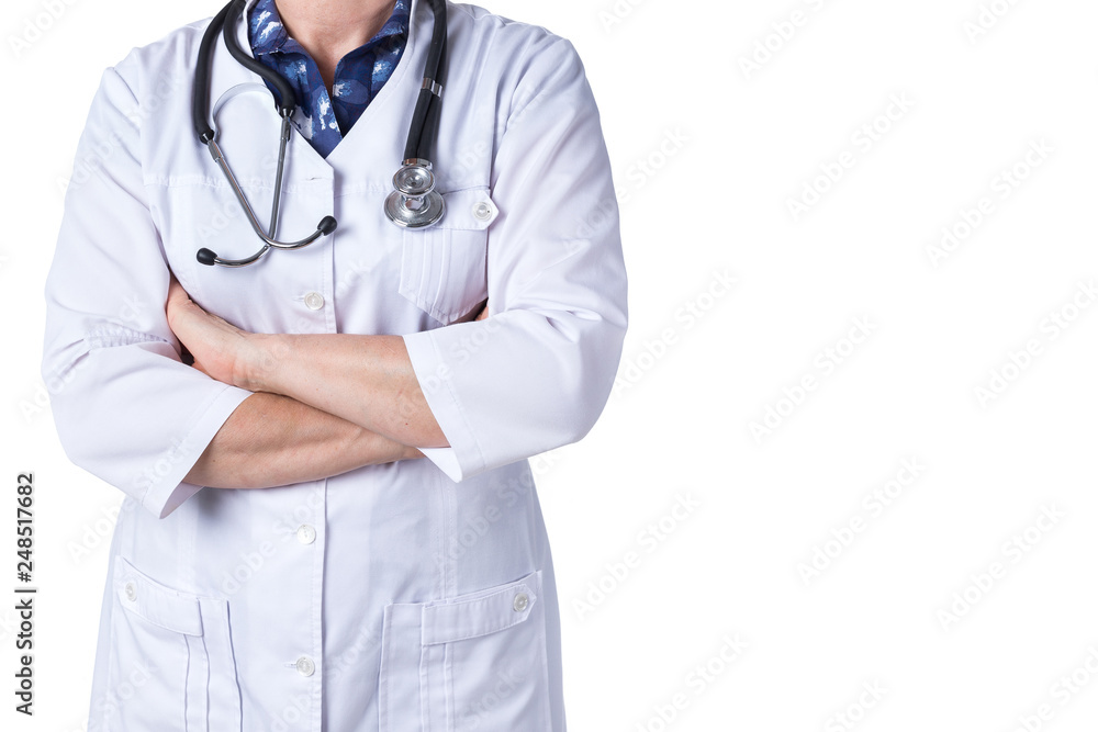 Fototapeta premium Medicine and healthcare concept. Doctor with stethoscope in clinic, close-up