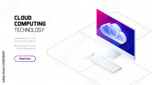 Cloud computing service, Server room with connection to user device, cloud storage service futuristic concept, isometric 3d vector illustration