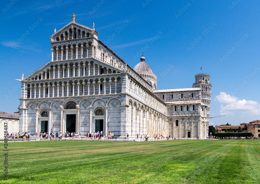 Facade of the Cathedral and with the Leaning Tower, Pisa, Italy.