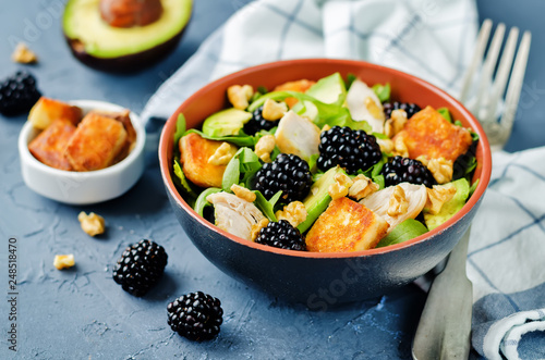 Crispy goat cheese blackberry arugula chicken avocado salad