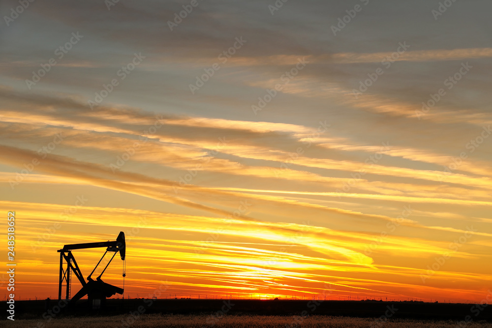 Pump jack in the oil field at sunset Pump jack in the oil field at sunset