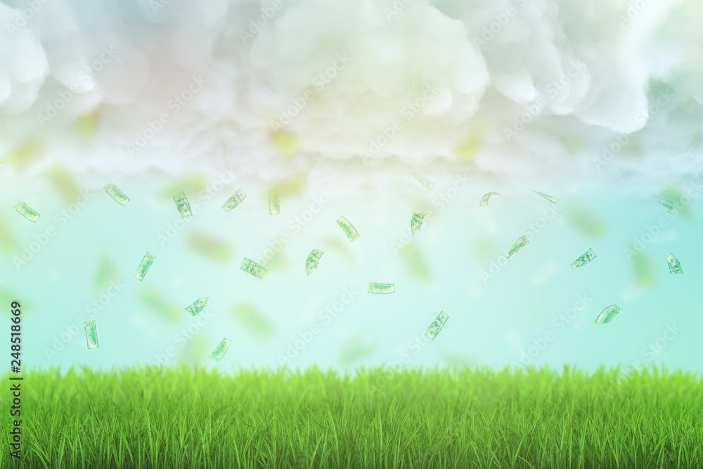 3d rendering of shower of dollar bills raining from thick clouds onto green lawn.