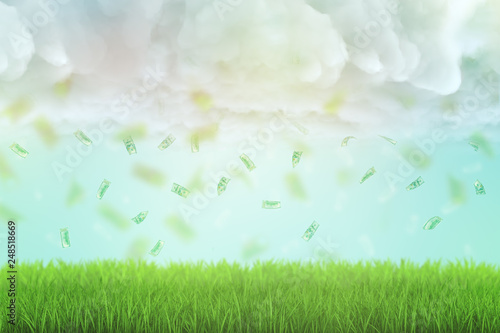 3d rendering of shower of dollar bills raining from thick clouds onto green lawn.