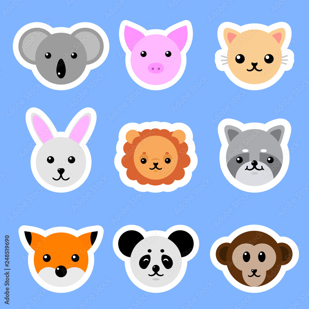 Set of Animals Stickers. Cat, Rabbit, Pig, Lion, Panda, Fox. Vector collection funny animals.