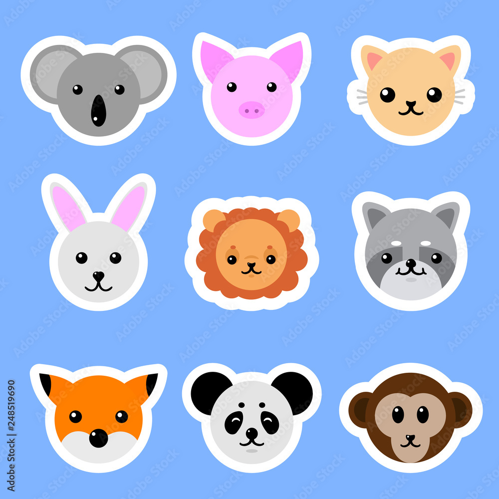 Set of Animals Stickers. Cat, Rabbit, Pig, Lion, Panda, Fox. Vector collection funny animals. Set of Animals Stickers. Cat, Rabbit, Pig, Lion, Panda, Fox. Vector collection funny animals.