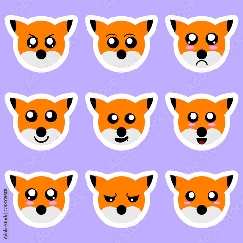 Set of fox stickers. Different emotions  expressions. Sticker in anime style. Vector Illustration for your design.