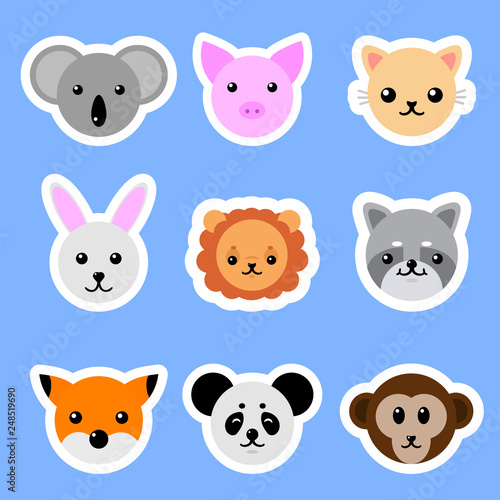 Set of Animals Stickers. Cat  Rabbit  Pig  Lion  Panda  Fox. Vector collection funny animals.