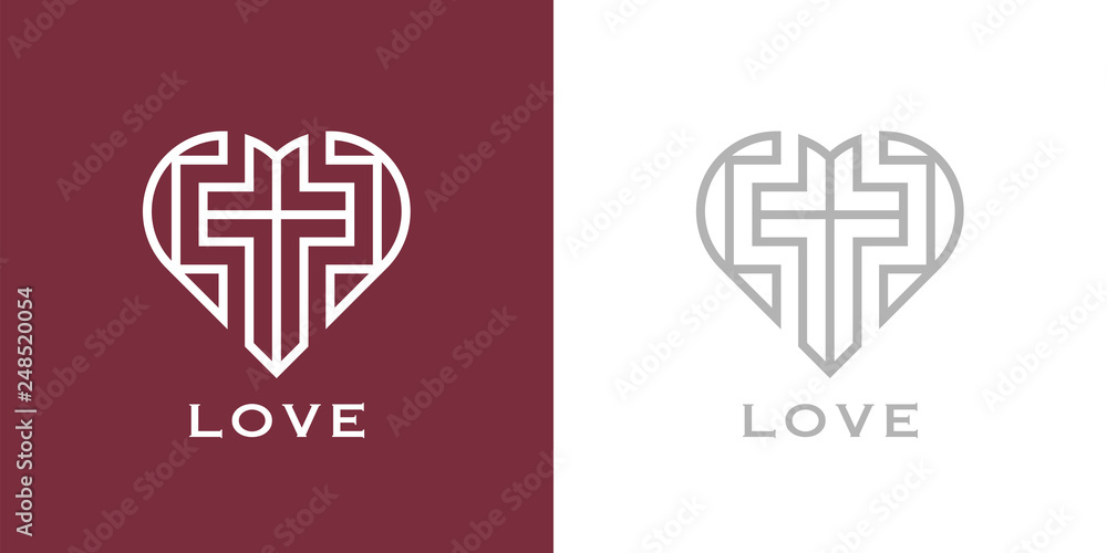 Abstract religious cross and heart icon. Christian love logo. Vector ...
