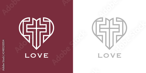 Abstract religious cross and heart icon. Christian love logo. Vector illustration.