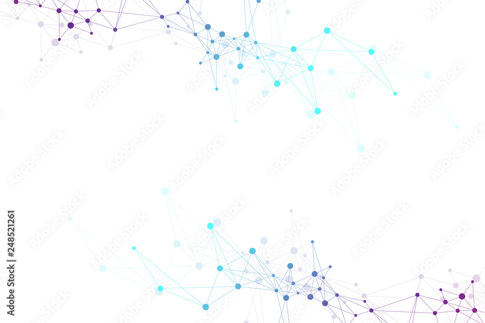 Geometric abstract background with connected line and dots. Network and connection background for your presentation. Graphic polygonal background. Scientific vector illustration.