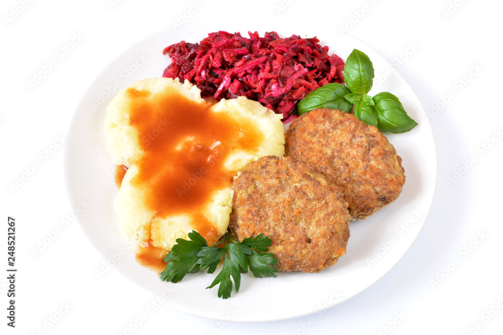 kotlety mielone z ziemniakami, sosem i surówką kotlety mielone z ziemniakami, sosem i surówką