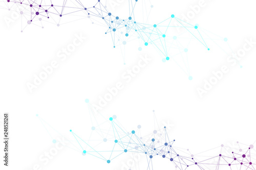 Geometric abstract background with connected line and dots. Network and connection background for your presentation. Graphic polygonal background. Scientific vector illustration.