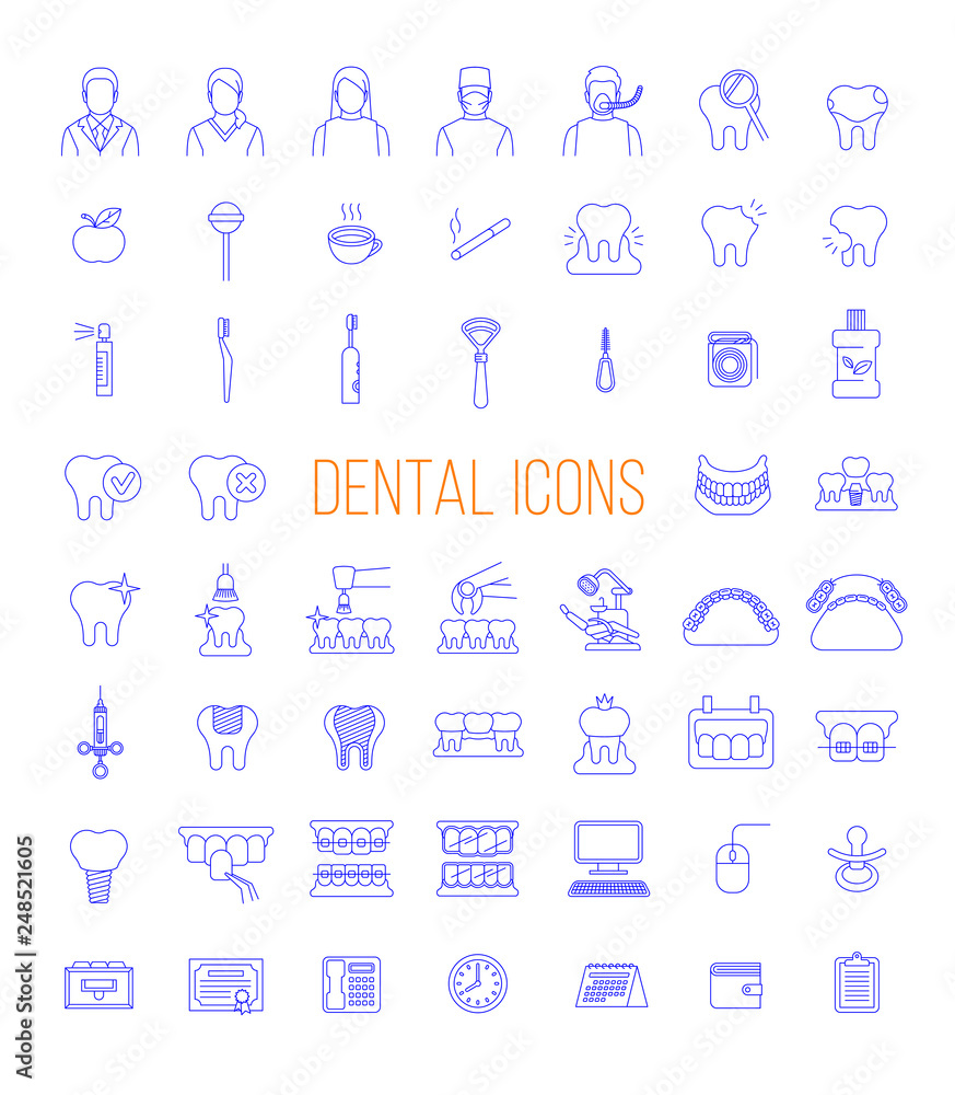 Dentistry icons. Thin line vector signs of dental clinic services. Oral health care concepts. Mouth hygiene, dental implants, surgery, orthodontic. Dentist office staff. Teeth diseases and treatment. Dentistry icons. Thin line vector signs of dental clinic services. Oral health care concepts. Mouth hygiene, dental implants, surgery, orthodontic. Dentist office staff. Teeth diseases and treatment.