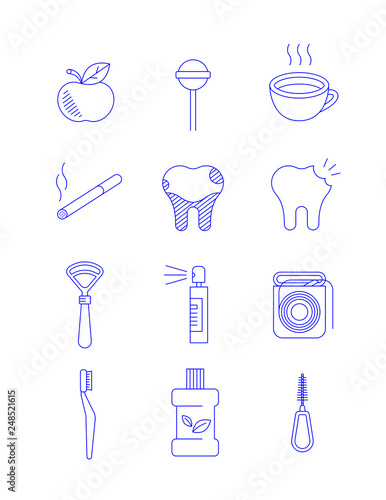Dentistry icons. Thin line vector signs of what causes general dental diseases and how to prevent it. Oral hygiene supplies for individual use. Simple outline concepts isolated on white