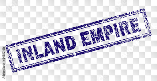 INLAND EMPIRE stamp seal print with rubber print style and double framed rectangle shape. Stamp is placed on a transparent background.