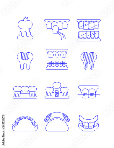Dental clinic surgery services thin line vector icons. Dental implant, bridge, veneer, crown concepts. Orthodontic treatment such as metal, ceramic, lingual, plastic braces. Removable denture symbol